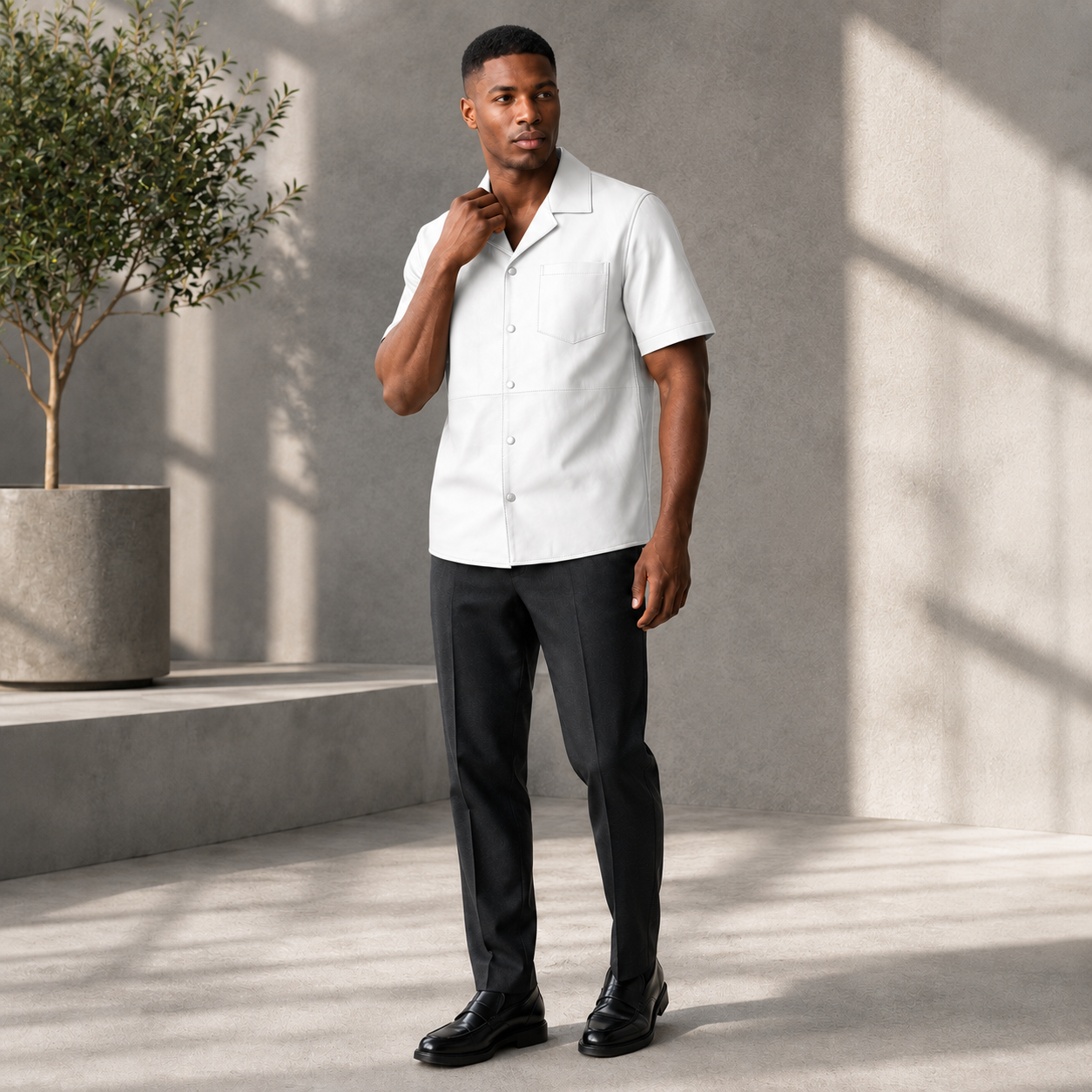 Short sleeves casual shirt for men 100% pure Italian lam skin [White]
