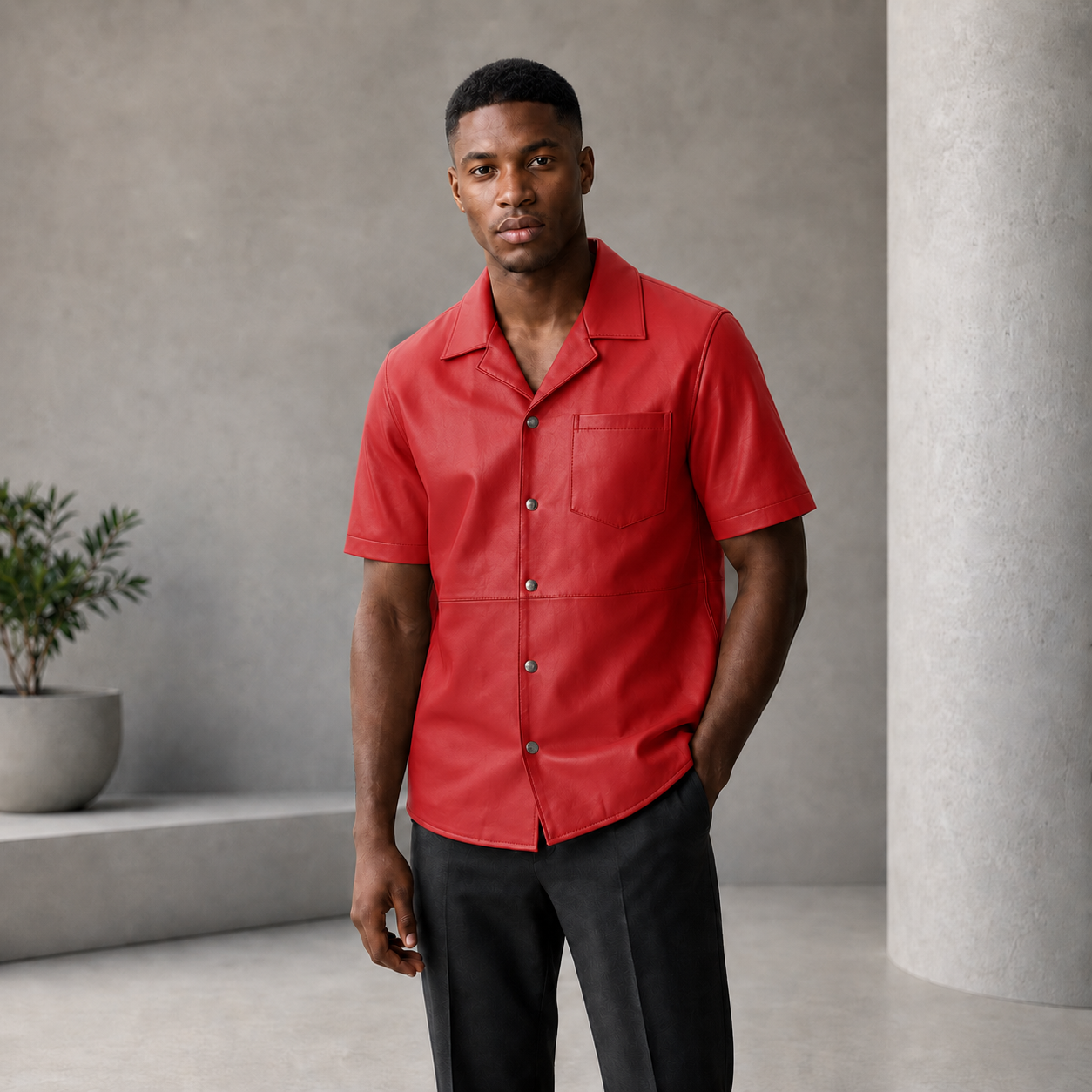 Short sleeves casual shirt for men 100% pure Italian lam skin [Red]