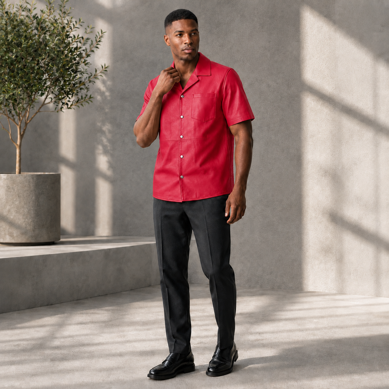 Short sleeves casual shirt for men 100% pure Italian lam skin [Red]