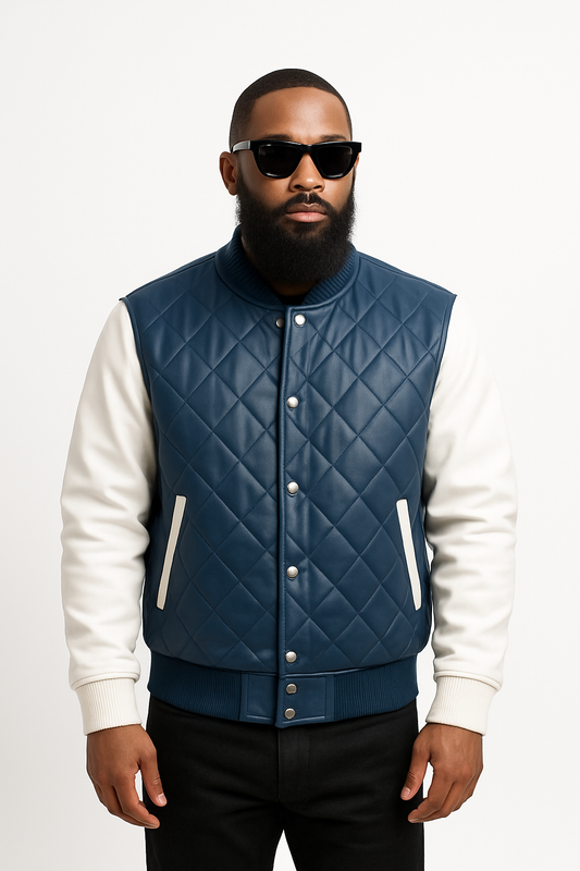 Men's Adan All-Leather Varsity Jacket [Navy/White]