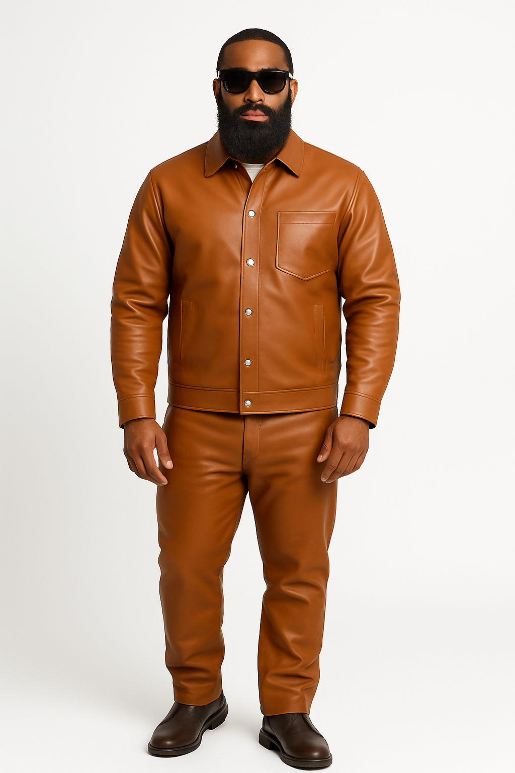 Men's Luka Leather Shirt And Pants Set [Saddle Brown]