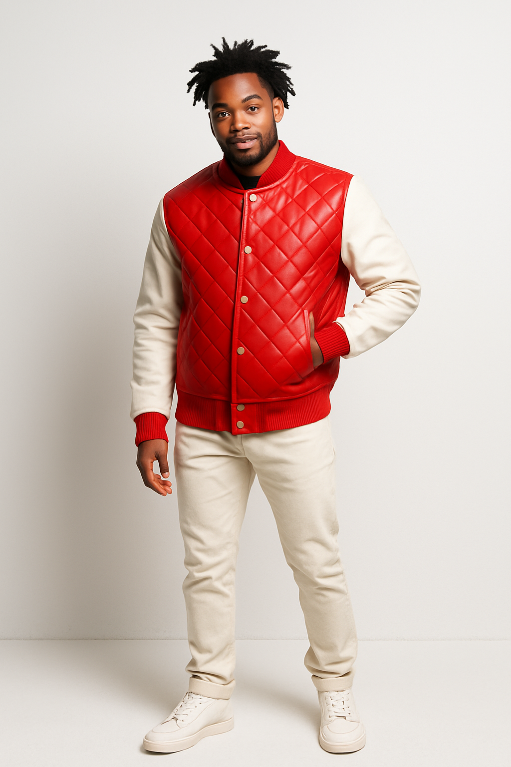 Men's Adan All-Leather Varsity Jacket [Red/White]