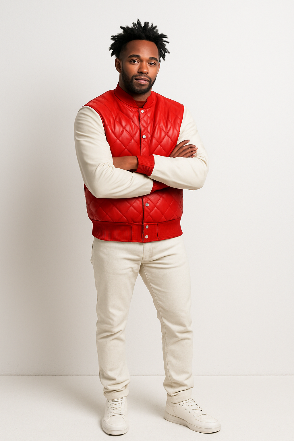Men's Adan All-Leather Varsity Jacket [Red/White]