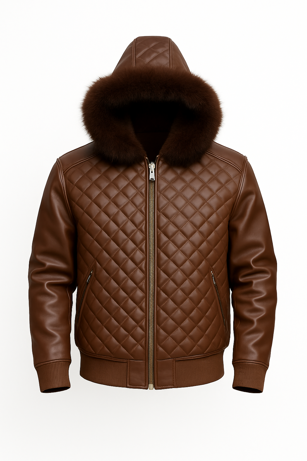 Men's Lucas Quilted Leather Bomber Jacket With Fox Hood [Chocolate Fox]
