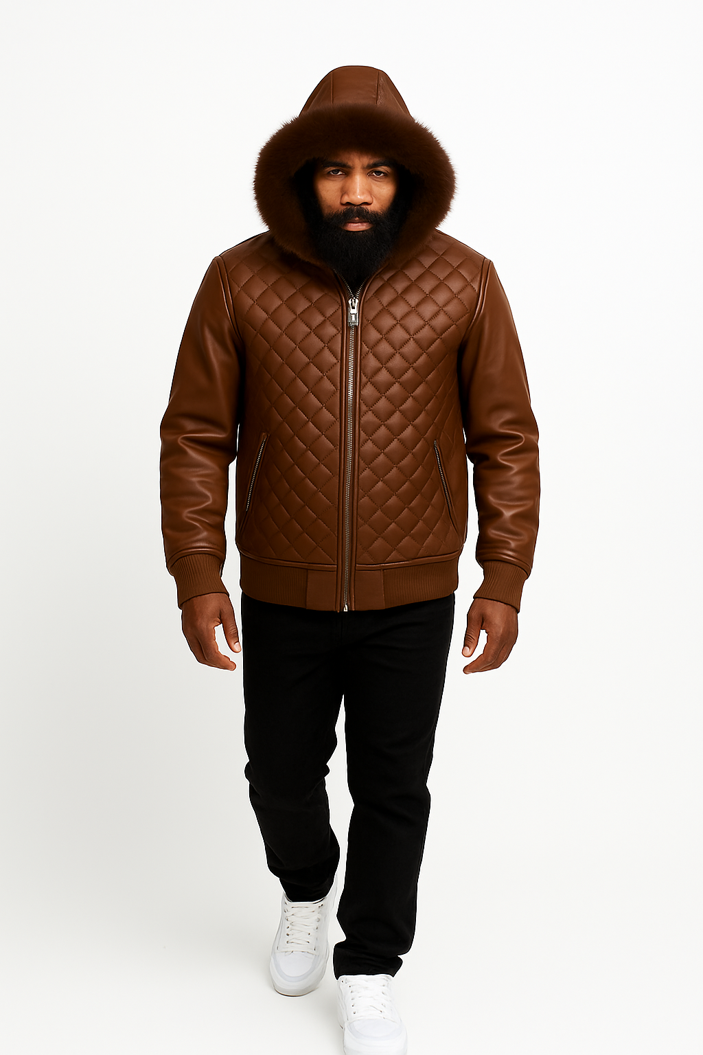 Men's Lucas Quilted Leather Bomber Jacket With Fox Hood [Chocolate Fox]
