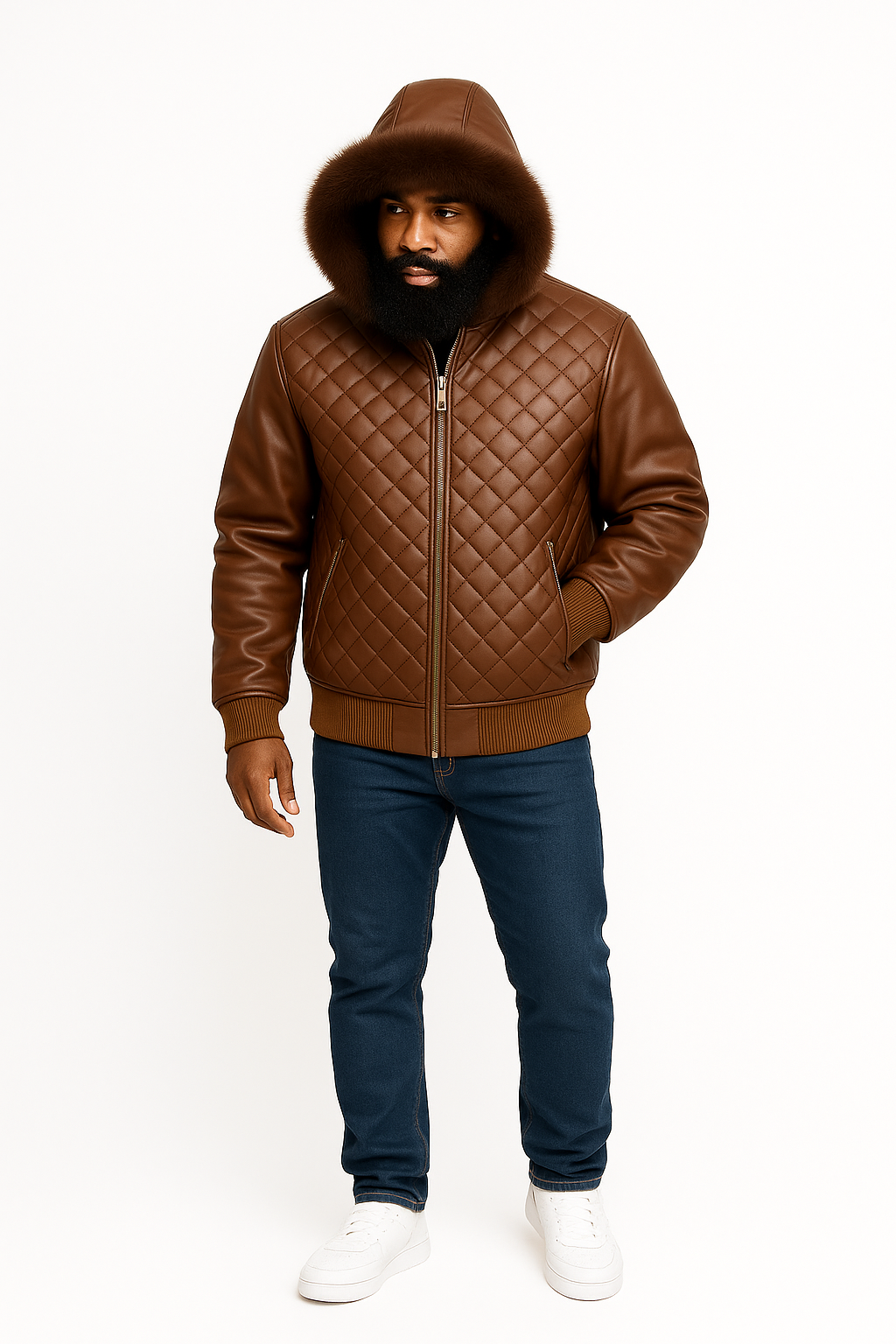 Men's Lucas Quilted Leather Bomber Jacket With Fox Hood [Chocolate Fox]