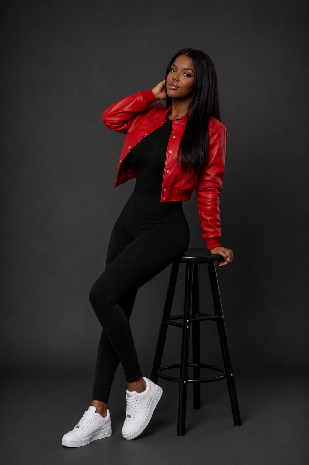Women's Crop Leather Varsity Jacket [Red]