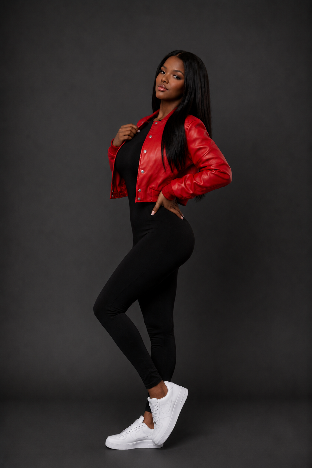 Women's Crop Leather Varsity Jacket [Red]