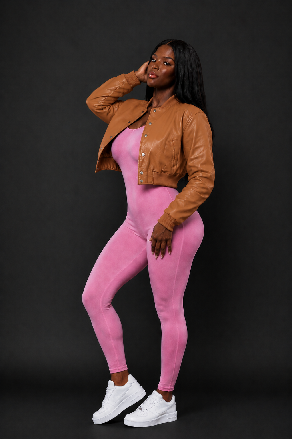 Women's Crop Leather Varsity Jacket [TAN]