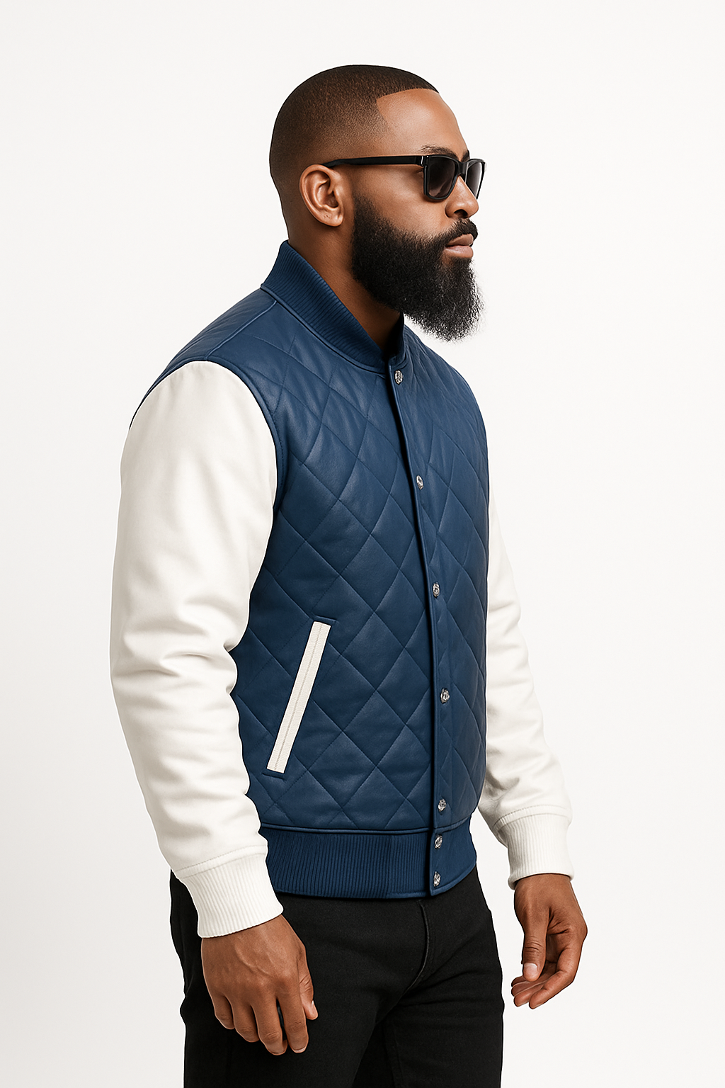 Men's Adan All-Leather Varsity Jacket [Navy/White]