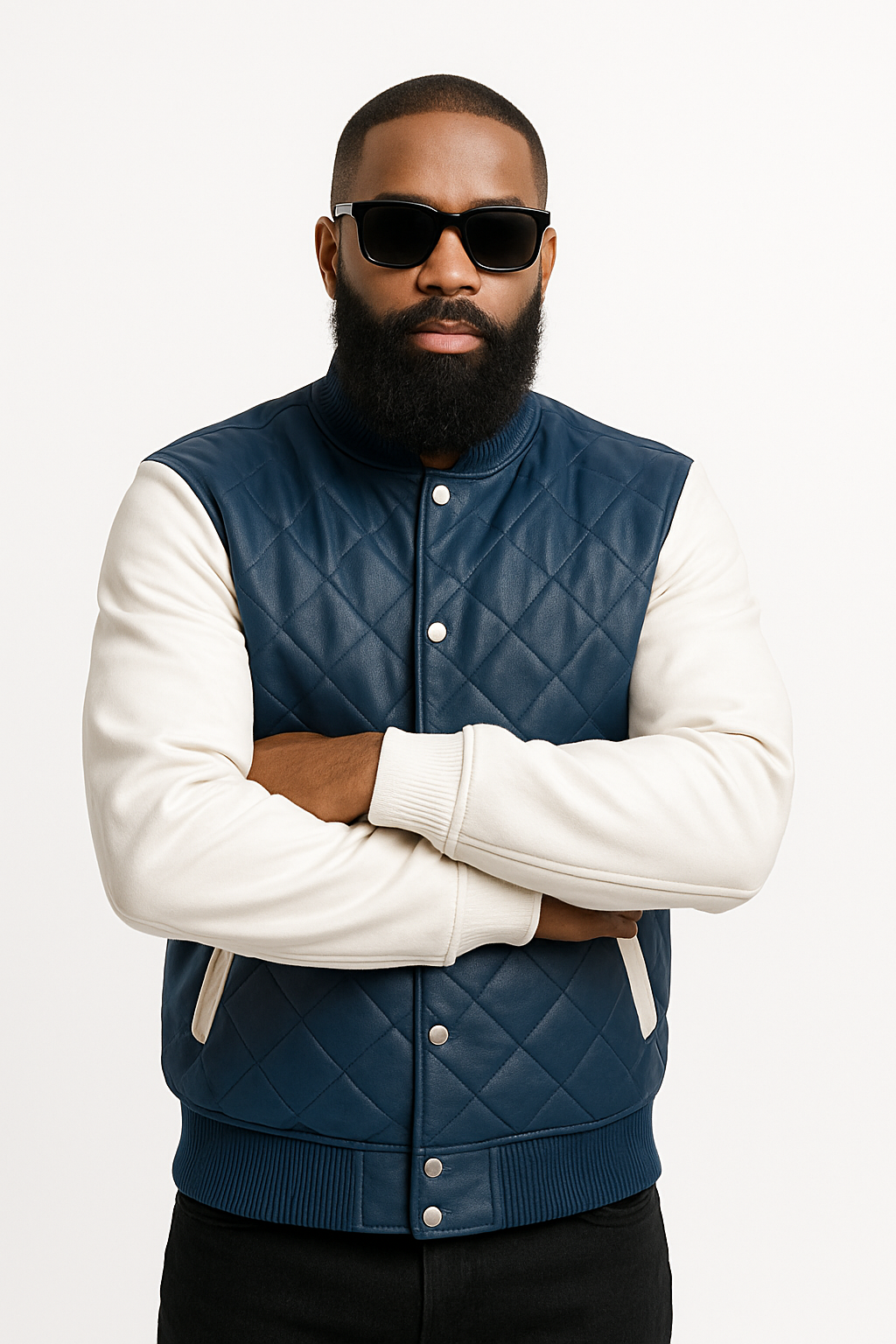 Men's Adan All-Leather Varsity Jacket [Navy/White]