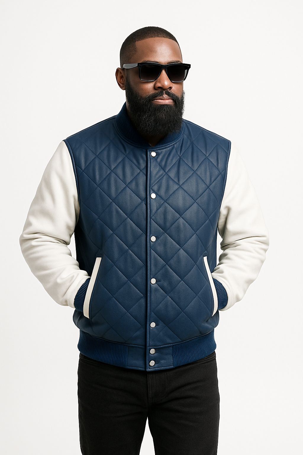 Men's Adan All-Leather Varsity Jacket [Navy/White]