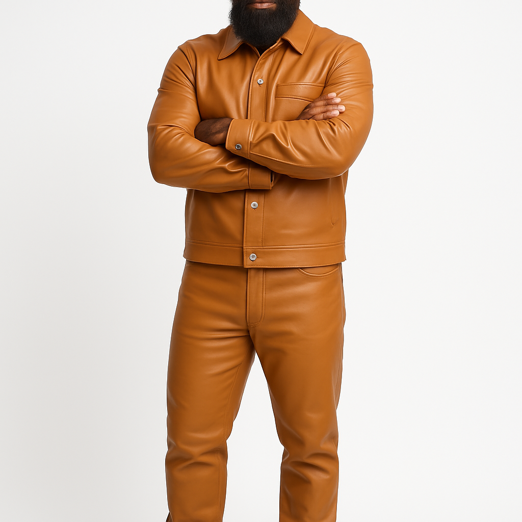Men's Luka Leather Shirt And Pants Set [Saddle Brown]
