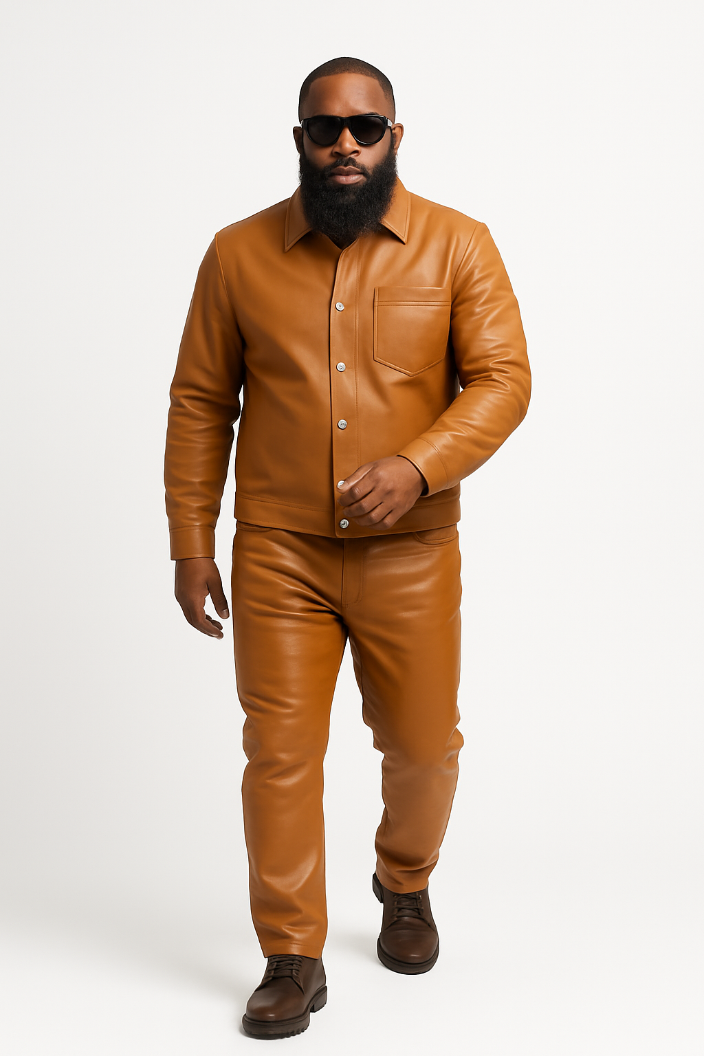 Men's Luka Leather Shirt And Pants Set [Saddle Brown]