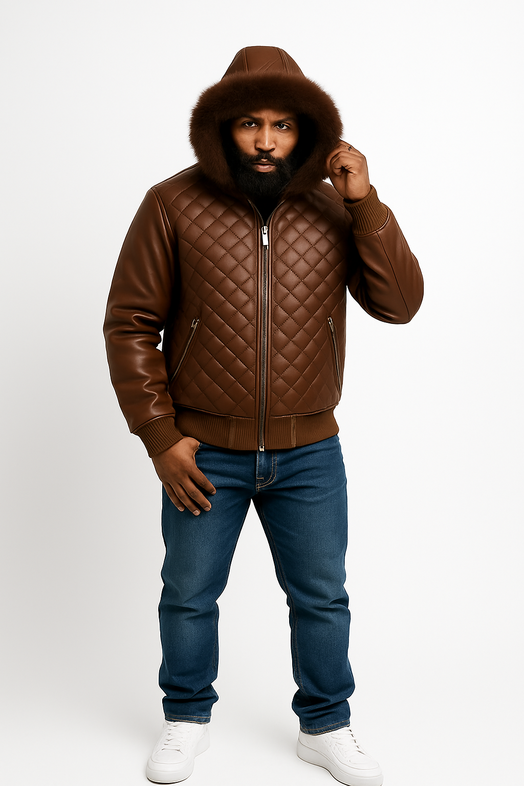 Men's Lucas Quilted Leather Bomber Jacket With Fox Hood [Chocolate Fox]