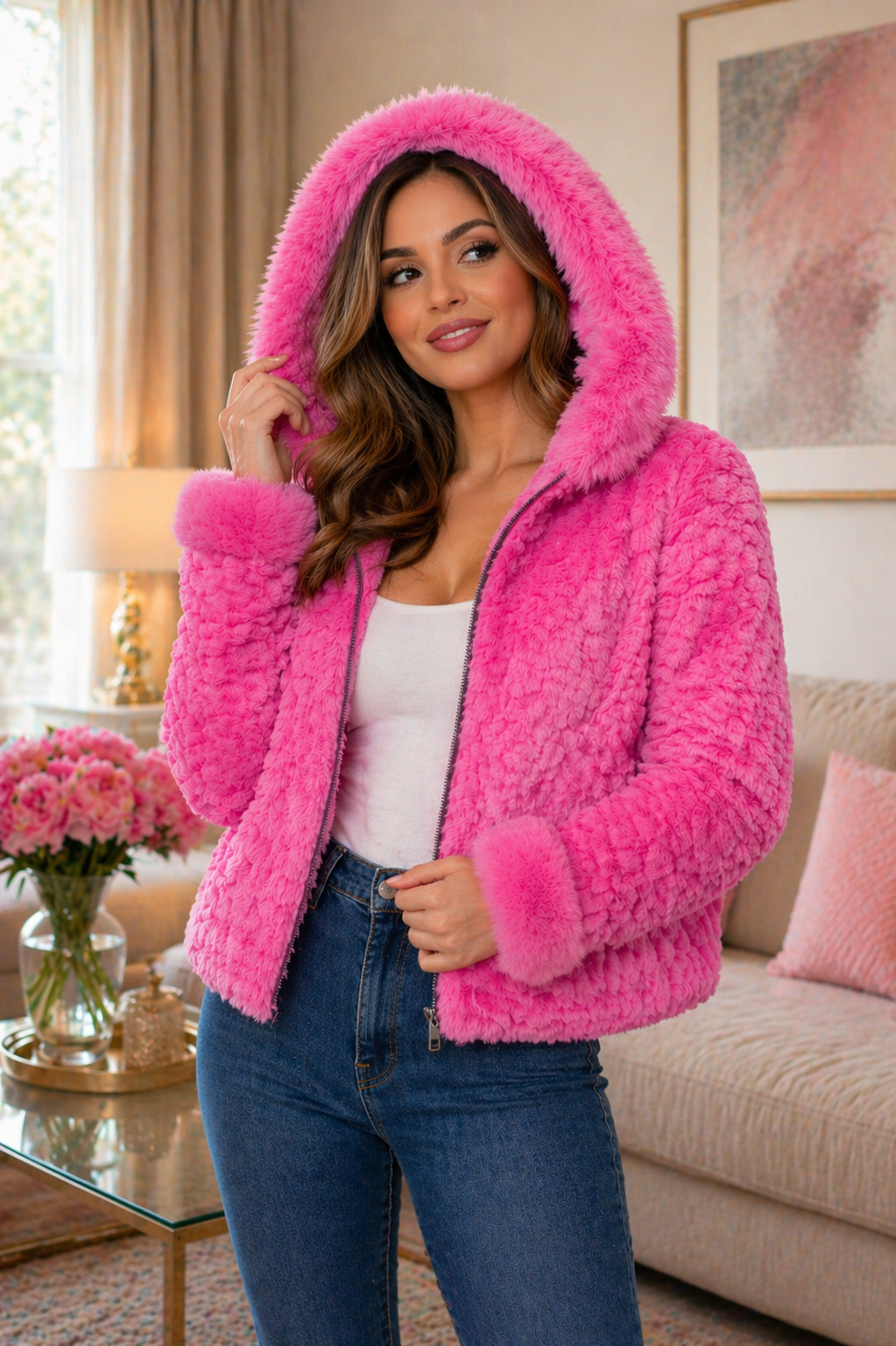 Women’s Pink Faux Fur Hooded Jacket