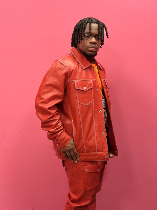 Men's Leather Jean Levi's Jacket And Cargo Pants Set [RED]