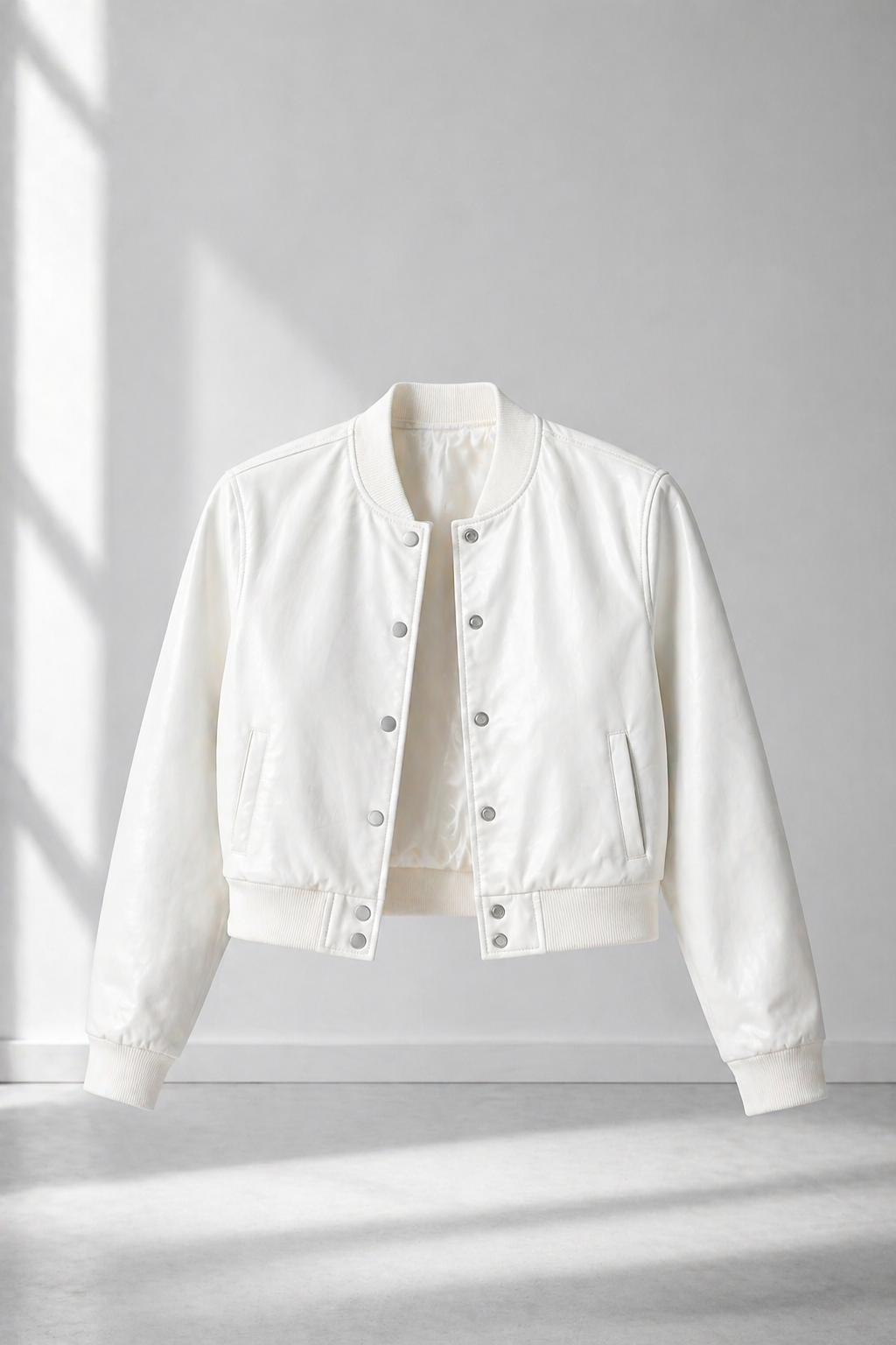 Leather Baseball Bomber Jacket for Women White
