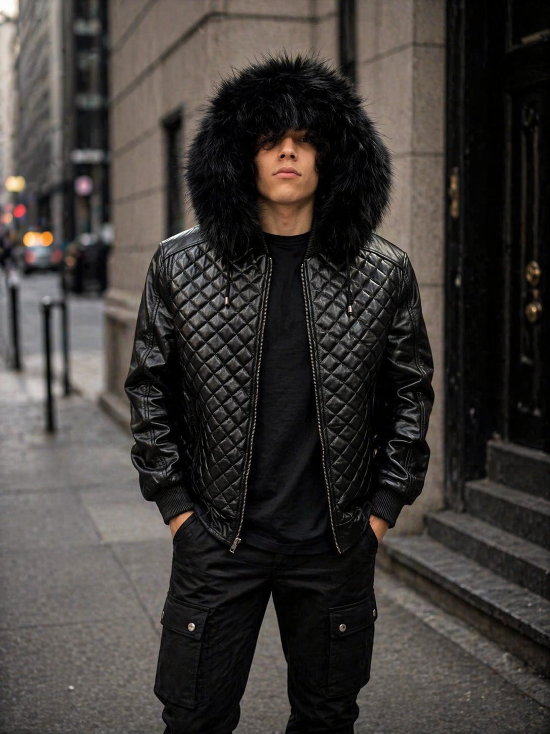 Men’s Diamond Quilted Leather Bomber Jacket with Hood