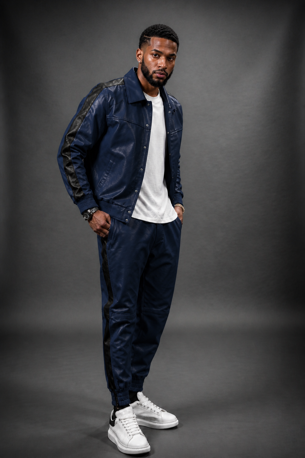 Men's Leather Track Suit Sweatsuit [navy blue]
