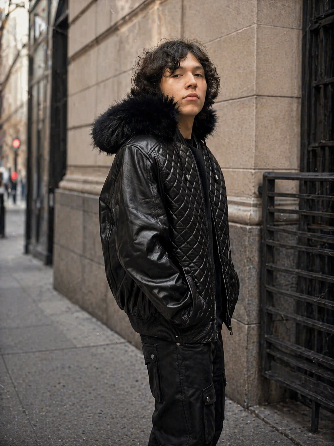 Men’s Diamond Quilted Leather Bomber Jacket with Hood