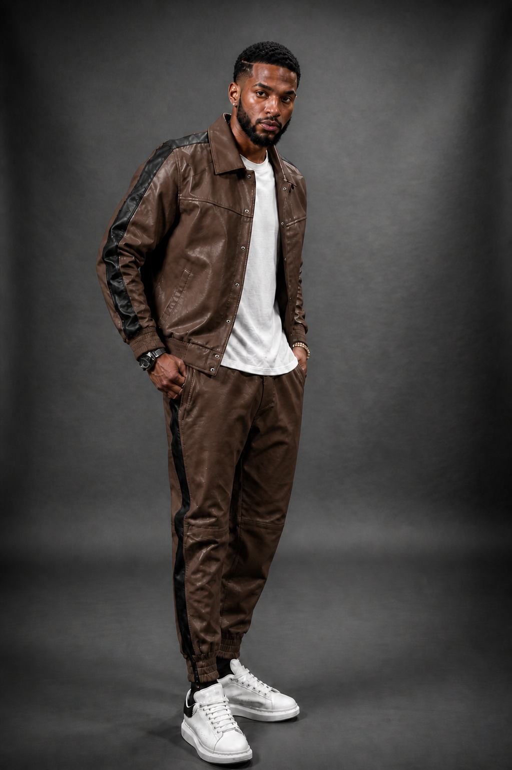 Men's Leather Track Suit Sweatsuit [Brown]
