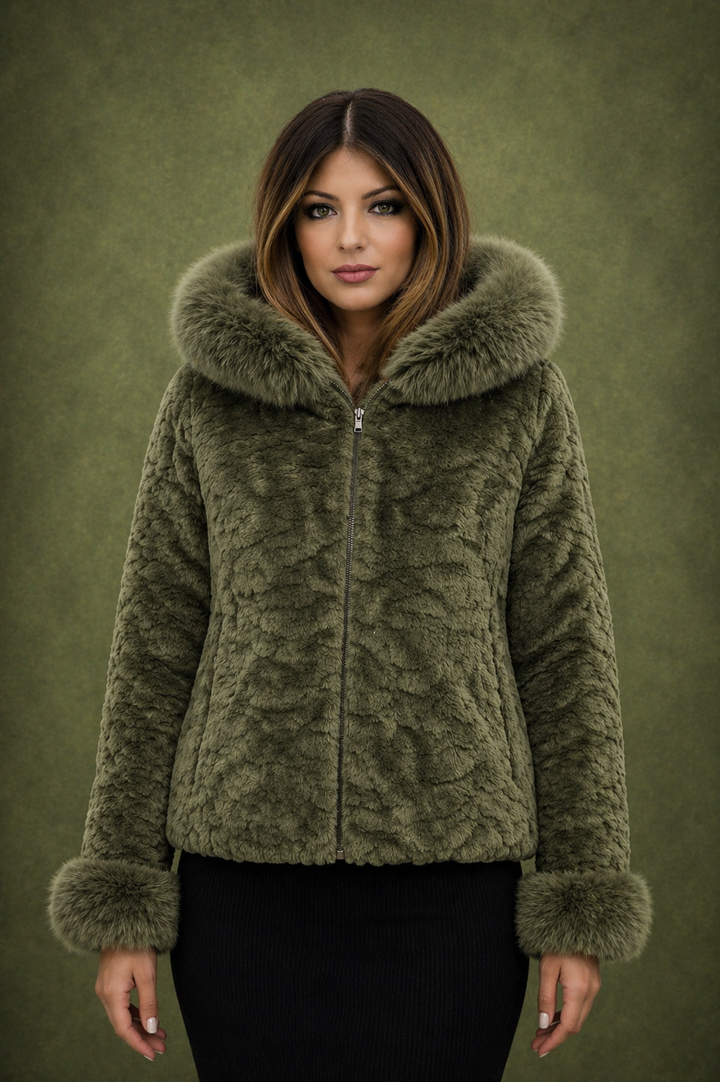 Women’s Olive Green Faux Fur Hooded Jacket