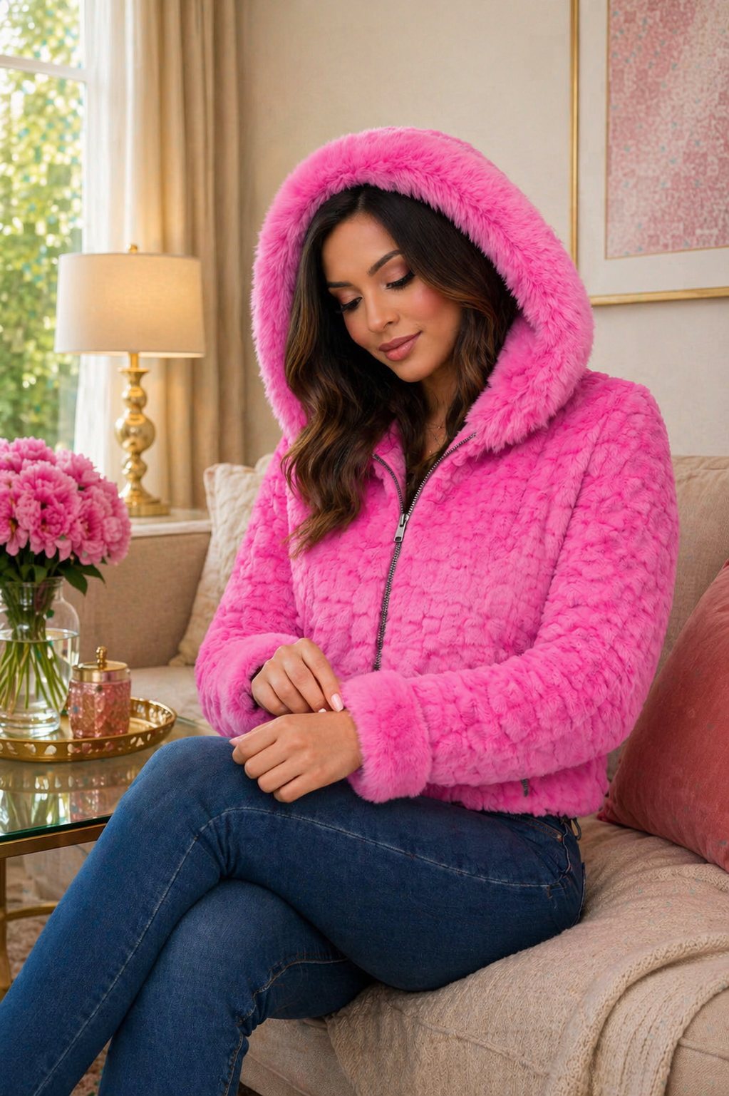 Women’s Pink Faux Fur Hooded Jacket