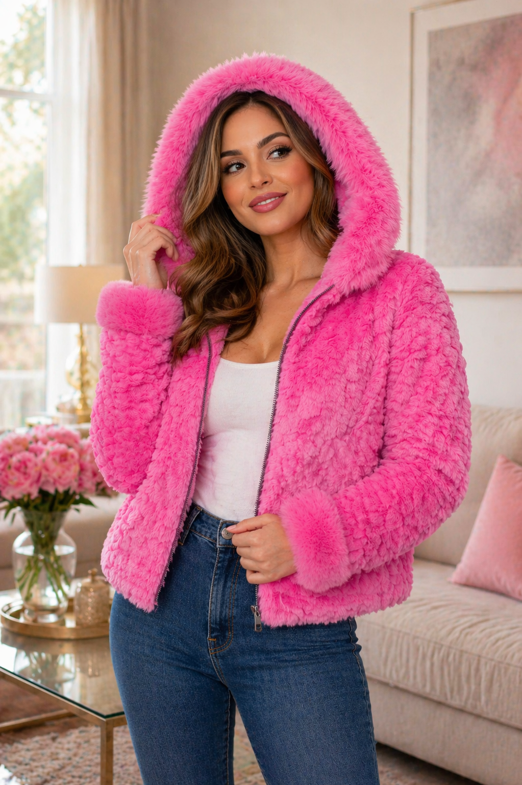 Women’s Pink Faux Fur Hooded Jacket