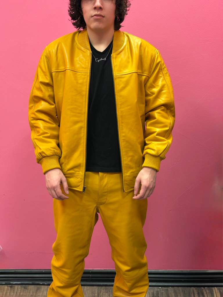 Men’s Black Leather Baseball Bomber Jacket (Yellow)