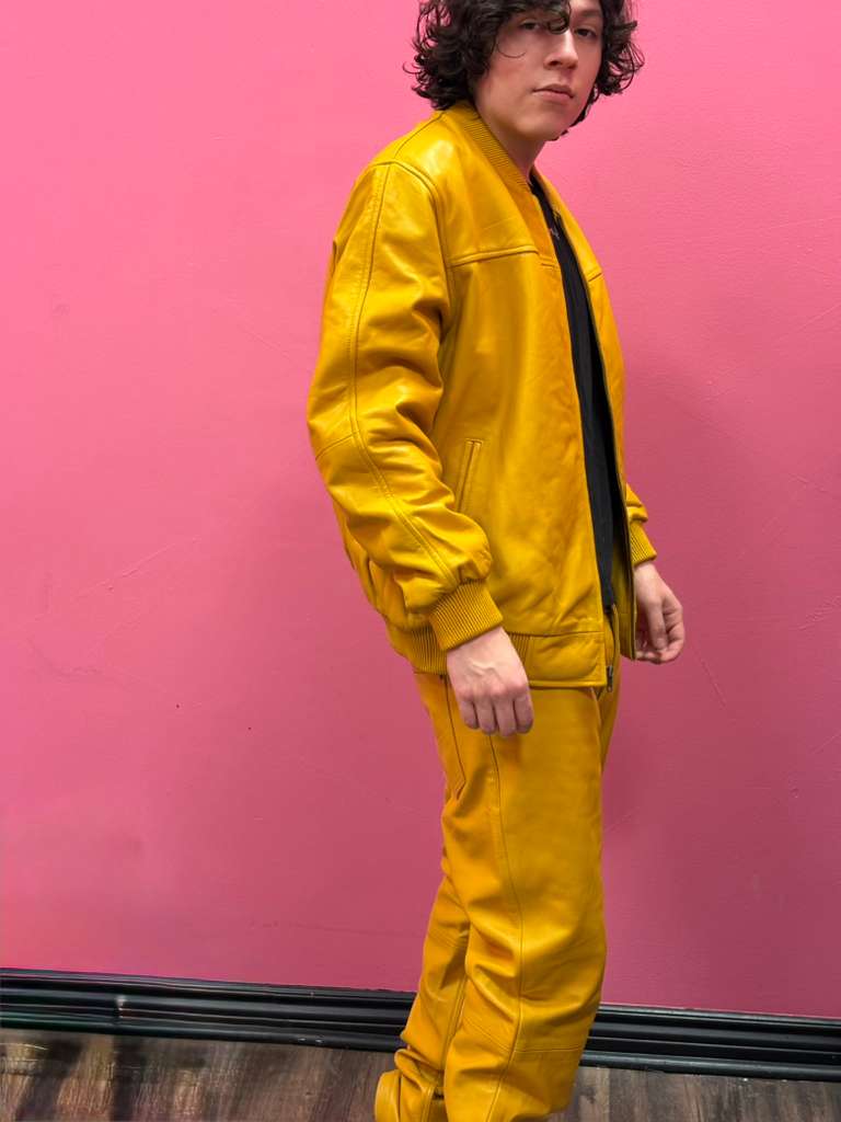 Men’s Black Leather Baseball Bomber Jacket (Yellow)