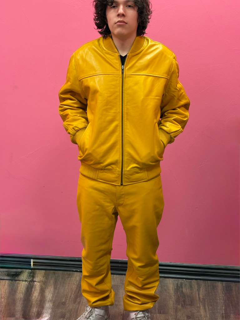 Men’s Black Leather Baseball Bomber Jacket (Yellow)