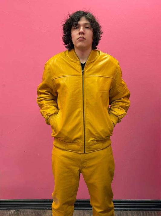 Men’s Black Leather Baseball Bomber Jacket (Yellow)