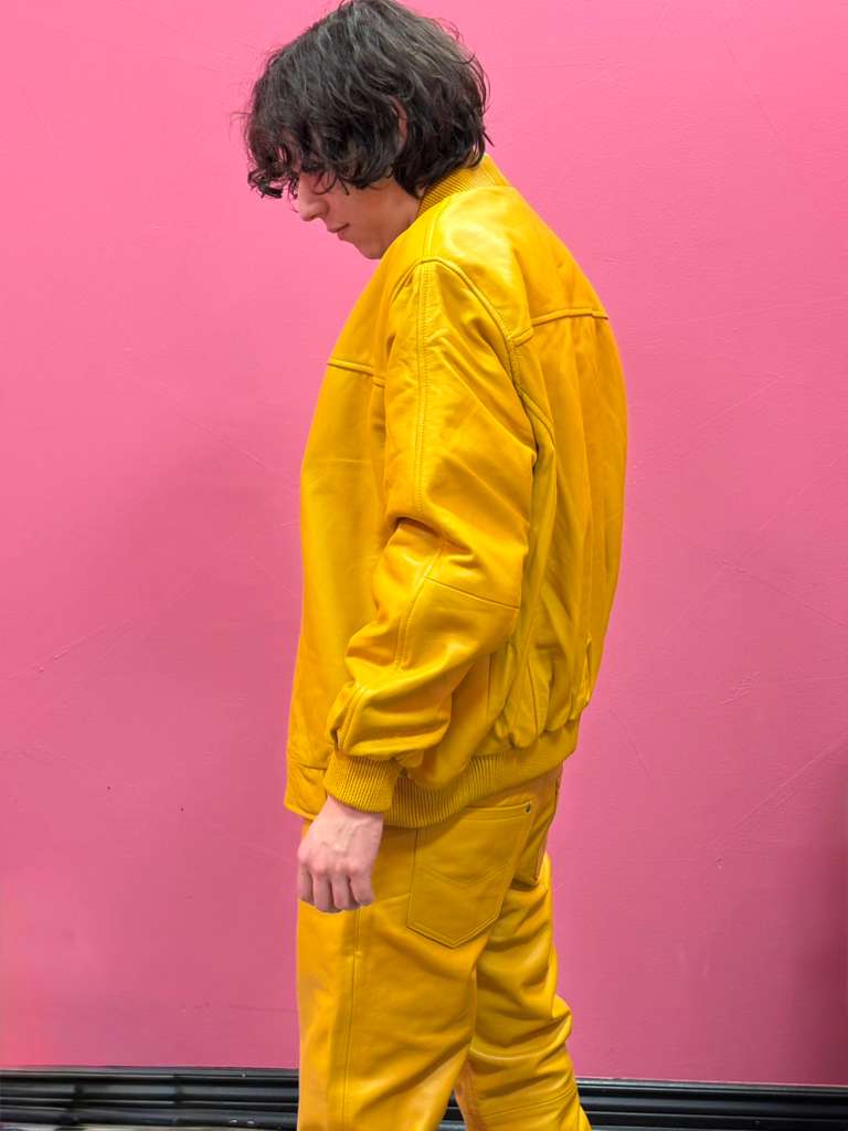 Men’s Black Leather Baseball Bomber Jacket (Yellow)