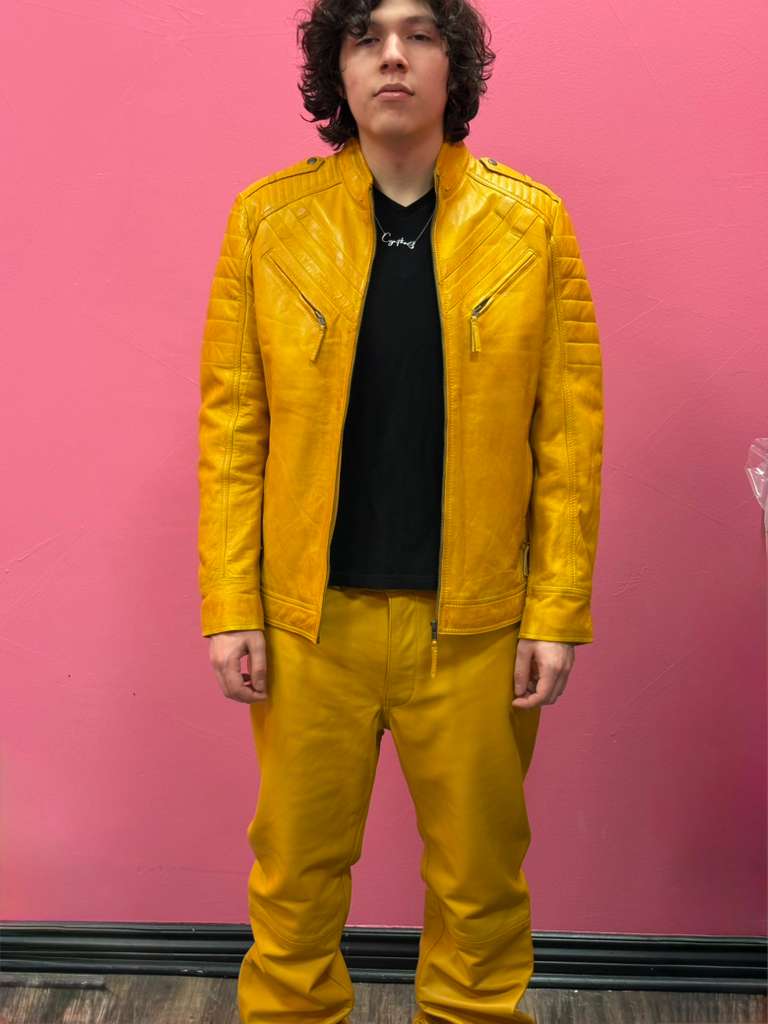 Men’s Yellow Signature Leather Racer Jacket And Pent