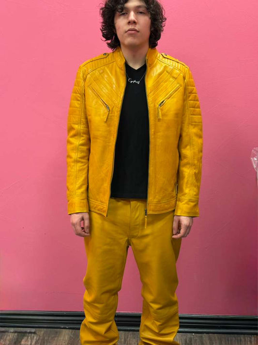Men’s Yellow Signature Leather Racer Jacket And Pent