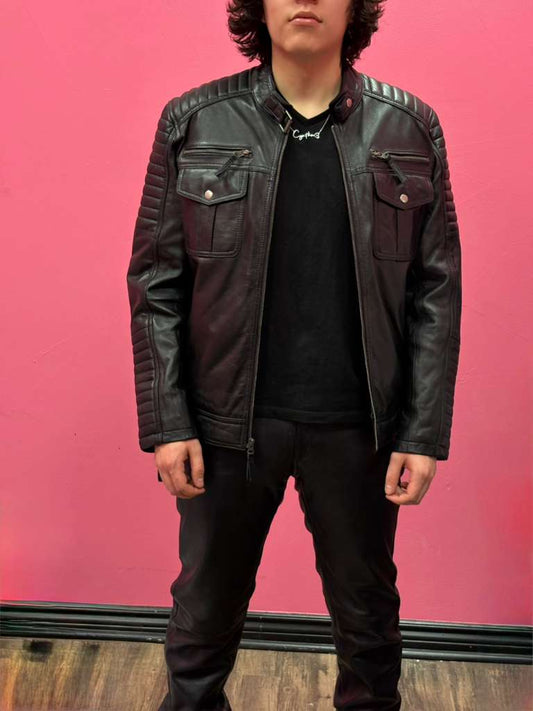 Men’s Black Leather Biker Jacket J-101