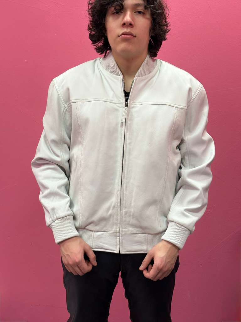 Men’s White Leather Baseball Bomber Jacket