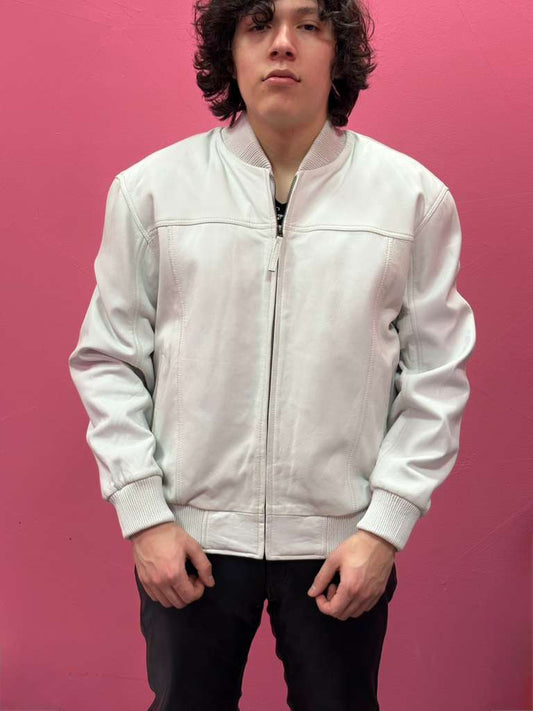Men’s White Leather Baseball Bomber Jacket