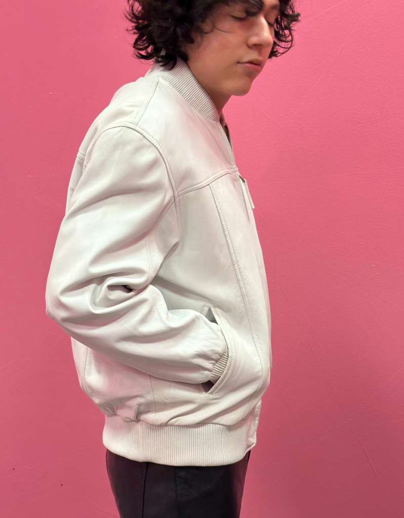 Men’s White Leather Baseball Bomber Jacket