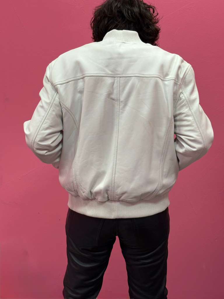 Men’s White Leather Baseball Bomber Jacket