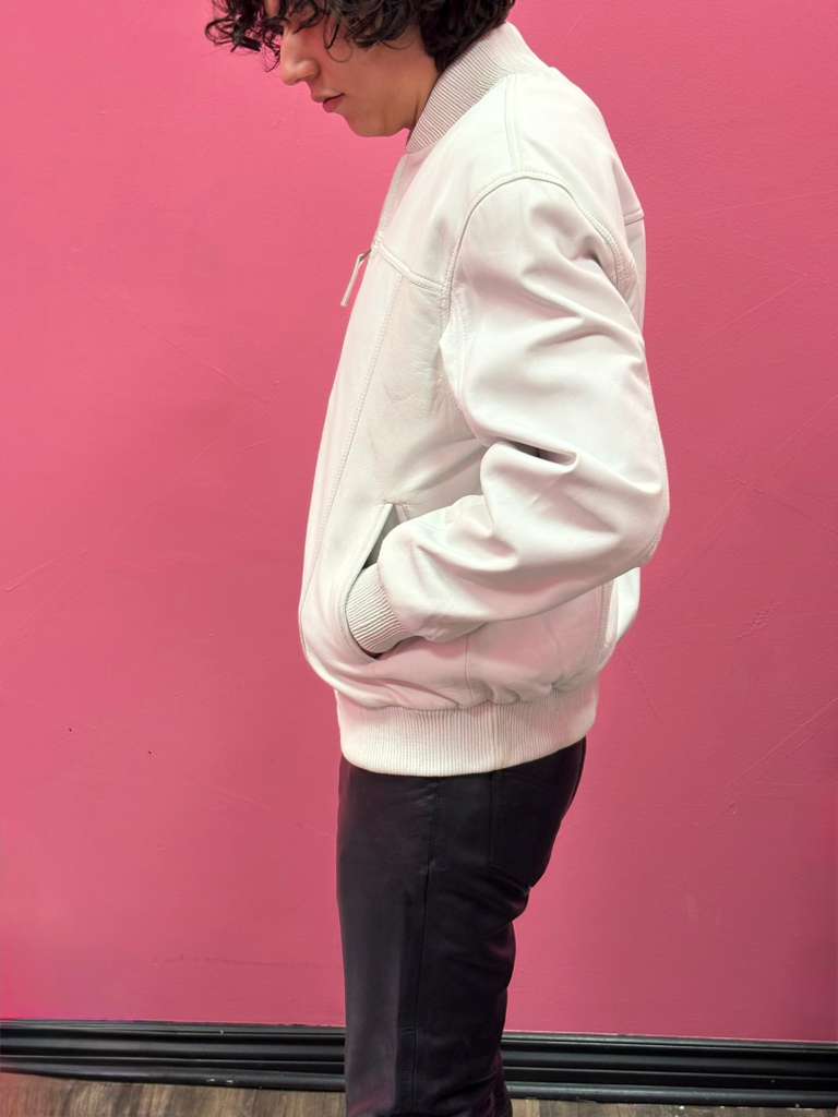Men’s White Leather Baseball Bomber Jacket