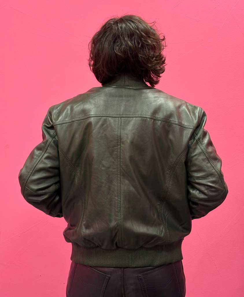 Men’s Green Leather Baseball Bomber Jacket