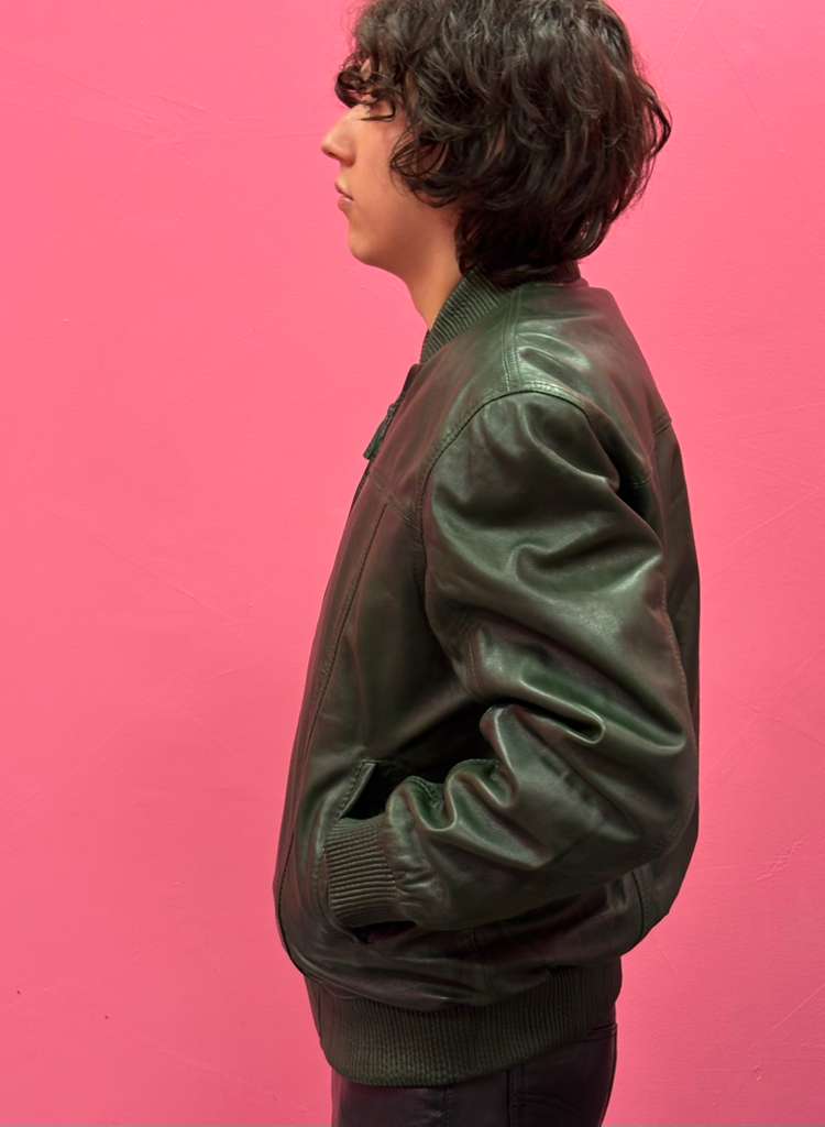 Men’s Green Leather Baseball Bomber Jacket