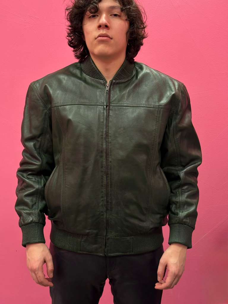 Men’s Green Leather Baseball Bomber Jacket