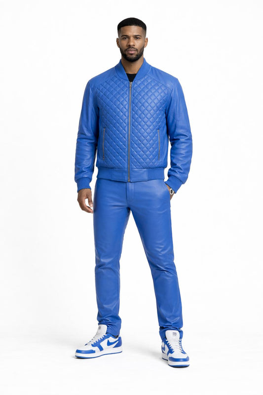 Diamond Quilted Blue Baseball Bomber Set for Men (Blue)