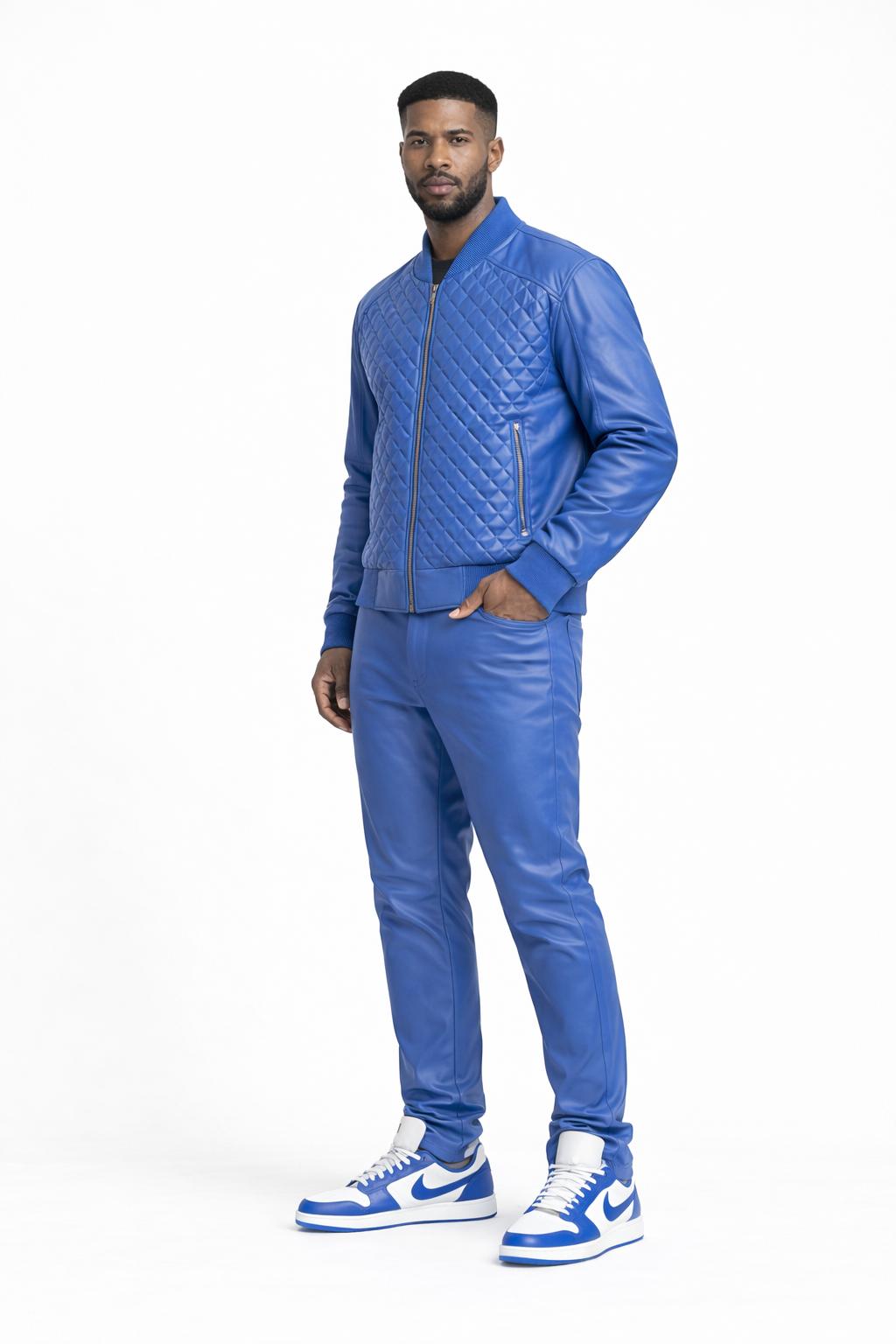 Diamond Quilted Blue Baseball Bomber Set for Men (Blue)