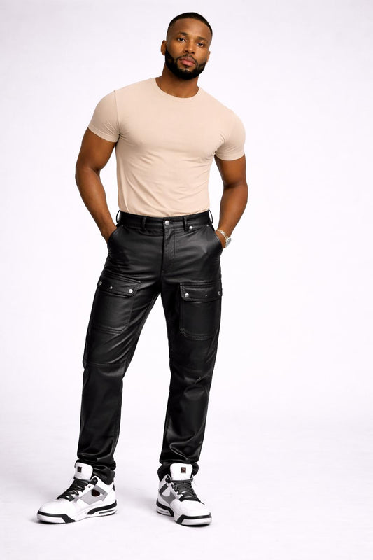 Men’s Black Leather Cargo Pants with Front Pockets