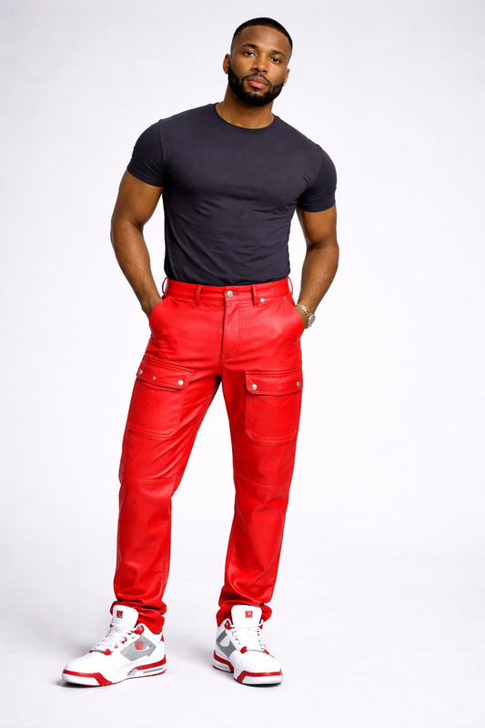 Men’s Red Leather Cargo Pants with Front Pockets