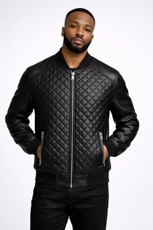 Men’s Black Quilted Leather Baseball Bomber Jacket